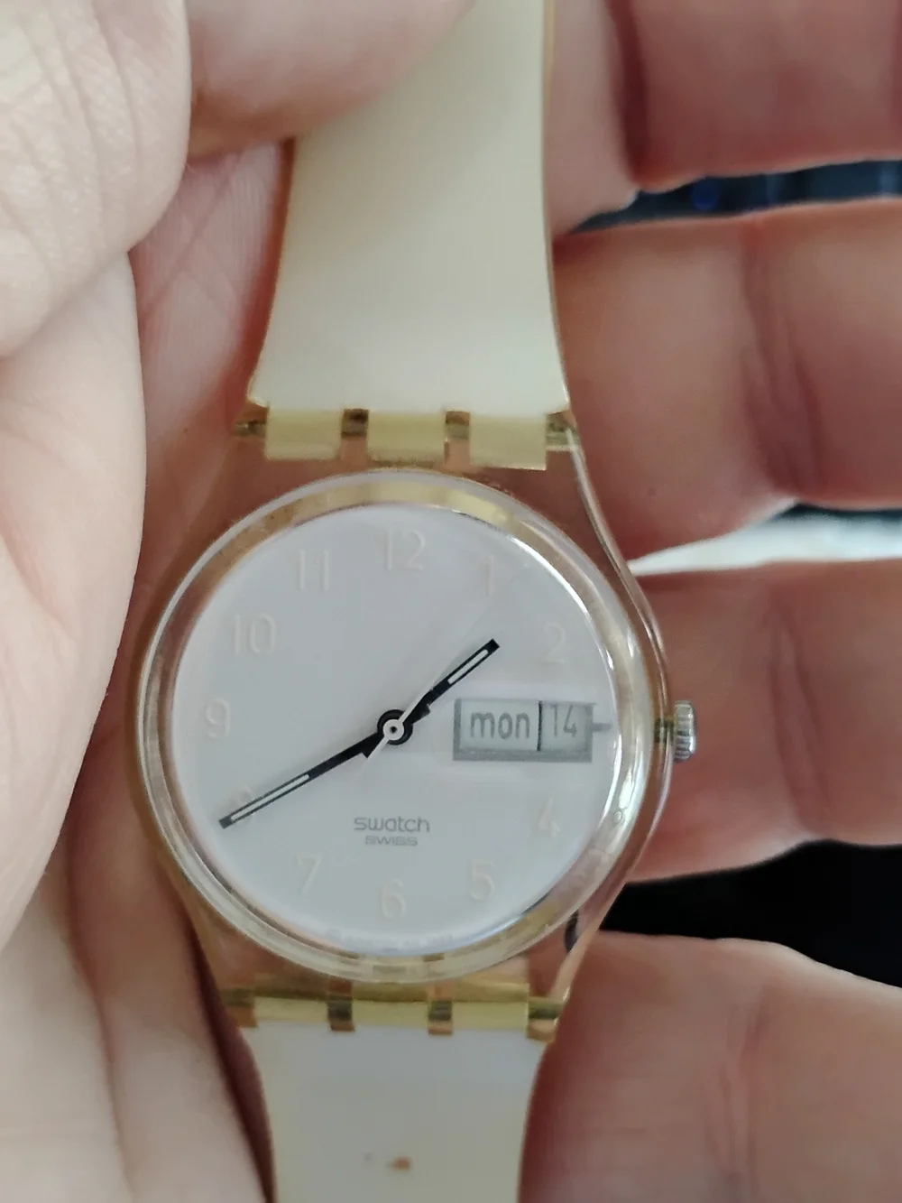 Swatch White Dial Watch with Gold Accents Tested And Running